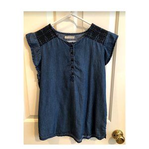 Hinge Women Denim Embroidered Sleeveless Blouse